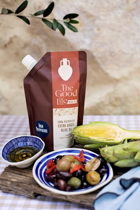 A squeeze pouch of The Good Life Olive Oil  High Polyphenol 500ml Australian Extra Virgin Olive Oil 