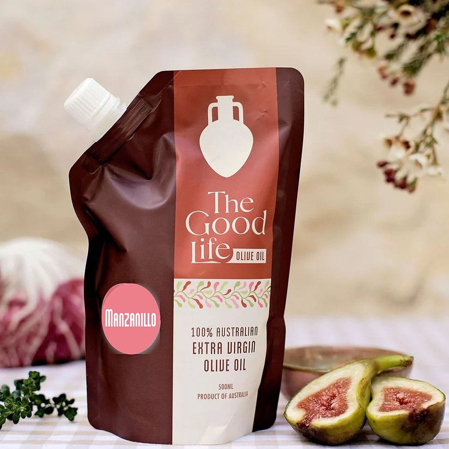 A squeeze pouch of The Good Life Olive Oil Australian Manzanillo 500ml  Australian Extra Virgin Olive Oil 